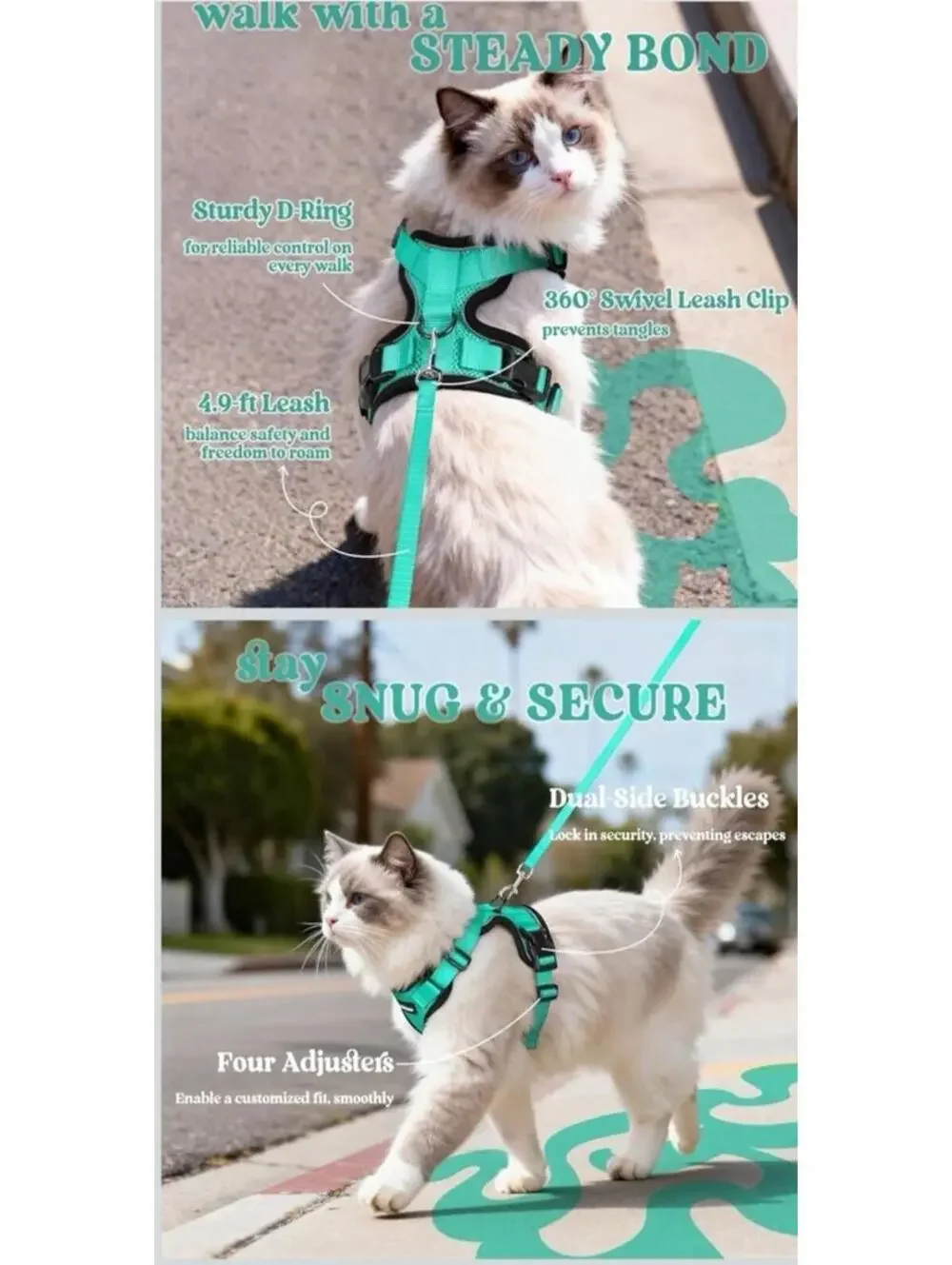 Xs Cat Harness and Leash Set Adjustable Soft Mesh Teal Aqua Size XS Cat Walking